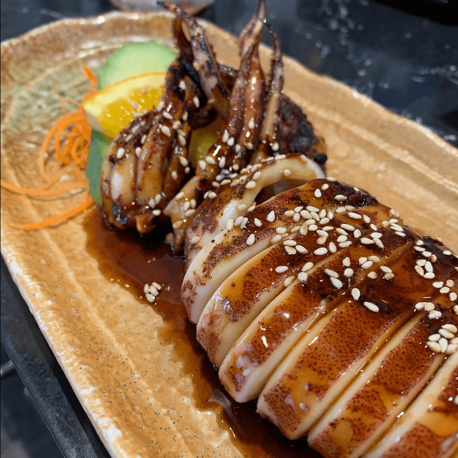 Grilled squid with warm teriyaki sauce